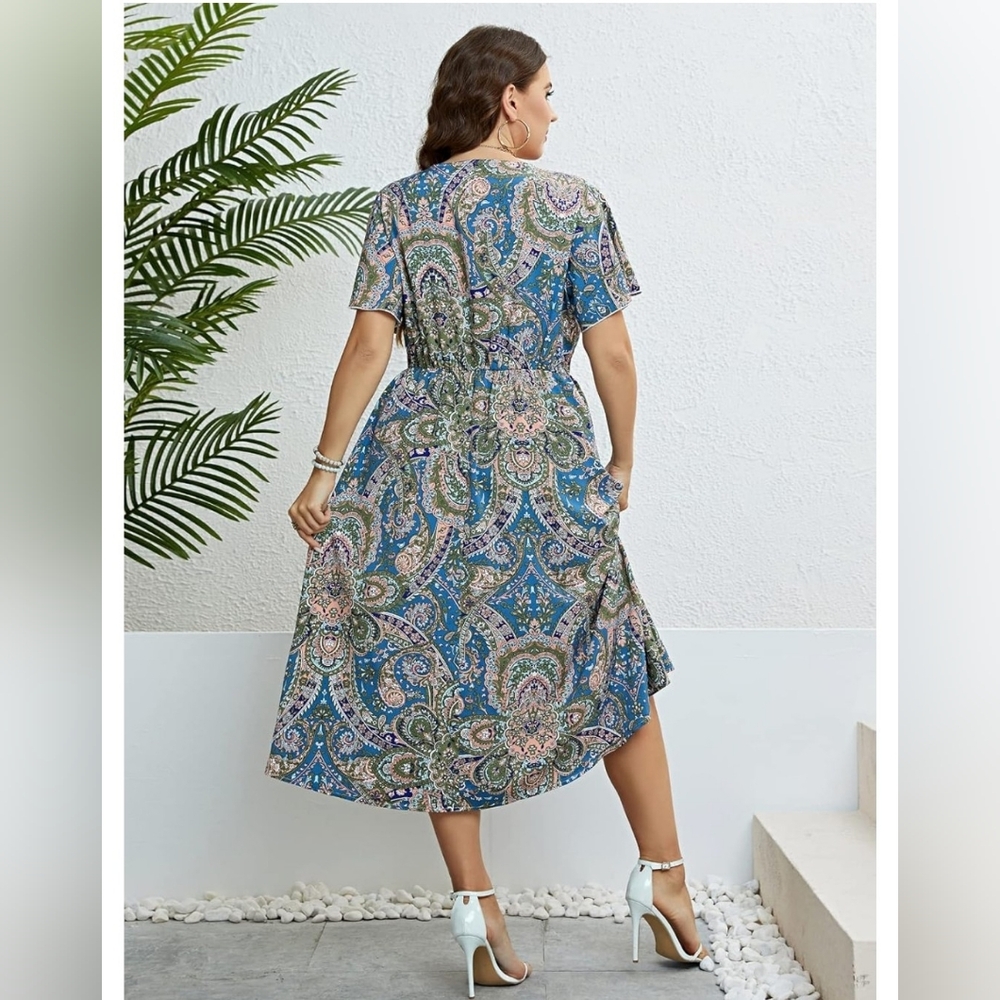 Short Sleeve V Neck Blue Green Paisley Summer Dress 2X Resortwear Plus Size - Picture 2 of 4